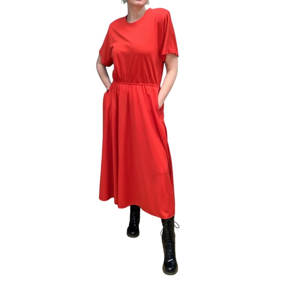 80s Rhodes Collections Red Maxi Shift Dress – Size 10, Pockets, Elastic Waist